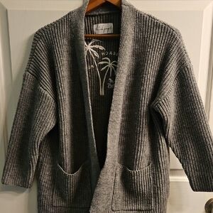 Gray Open-Front Cardigan Chunky Knit Sweater Pockets XS/S
